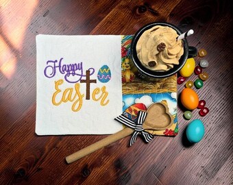 Easter Mug Rug: Quilted Coaster Gift - "Happy Easter" Embroidered Message