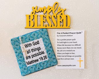 Pocket Prayer Quilt With Cross & Back Pocket - Embroidered With Scripture "With God All Things Are Possible" Matthew 19:26