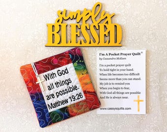 Pocket Prayer Quilt With Cross & Back Pocket - Embroidered With Scripture "With God All Things Are Possible" Matthew 19:26