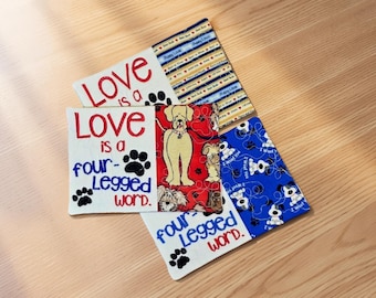 Dog Mug Rug: Quilted Coaster Gift - "Love is a Four-Legged Word" Embroidered Message