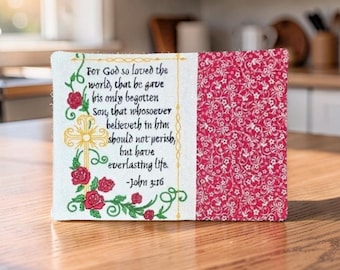 Christian Mug Rug - "For God So Loved The World" John 3:16 Embroidered Scripture - Quilted Coaster Gift