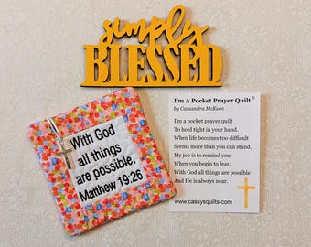 Pocket Prayer Quilt With Cross & Back Pocket - Embroidered With Scripture "With God All Things Are Possible" Matthew 19:26