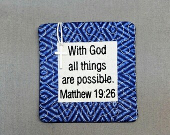 Pocket Prayer Quilt with Cross - Matthew 19:26 Embroidered Scripture