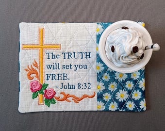 Christian Mug Rug - Ideal Gift for Coffee and Tea Lovers - Fabric Rectangle Coaster