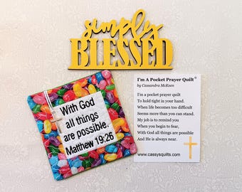 Pocket Prayer Quilt With Cross & Back Pocket - Embroidered With Scripture "With God All Things Are Possible" Matthew 19:26