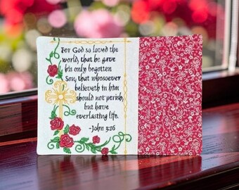 Christian Mug Rug - "For God So Loved The World" John 3:16 Embroidered Scripture - Quilted Coaster Gift