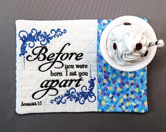 Christian Mug Rug - Scripture Rectangle Coaster - Gift for Coffee Lovers