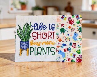 Gardener's Mug Rug Embroidered With "Life Is Short Buy More Plants" - Quilted Coaster Gift