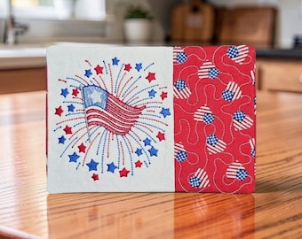 Patriotic Mug Rug Embroidered With American Flag & Fireworks - Quilted Coaster Gift