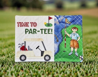 Golf Mug Rug Embroidered with "It's Time To Par-Tee" - Quilted Coaster Gift