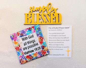 Pocket Prayer Quilt With Cross & Back Pocket - Embroidered With Scripture "With God All Things Are Possible" Matthew 19:26