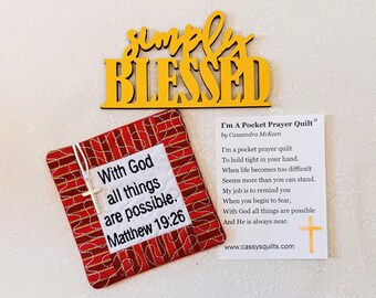 Pocket Prayer Quilt With Cross & Back Pocket - Embroidered With Scripture "With God All Things Are Possible" Matthew 19:26