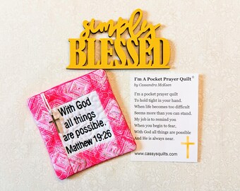 Pocket Prayer Quilt With Cross & Back Pocket - Embroidered With Scripture "With God All Things Are Possible" Matthew 19:26