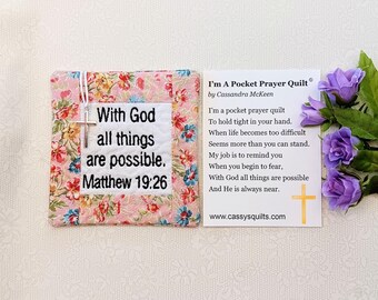 Pocket Prayer Quilt With Cross & Back Pocket - Embroidered With Scripture "With God All Things Are Possible" Matthew 19:26
