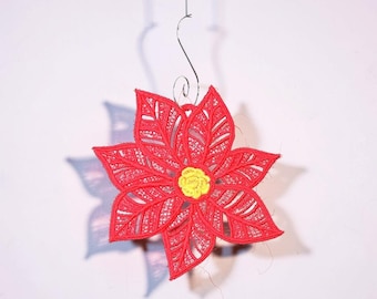 Poinsettia Christmas Ornament - Embroidered Free Standing Lace