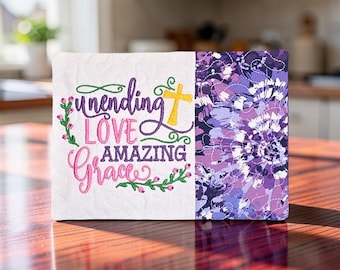 Christian Mug Rug Embroidered With "Unending Love, Amazing Grace" - Quilted Coaster Gift