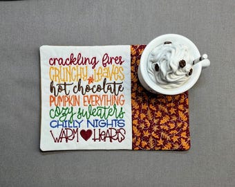 Fall Leaves Mug Rug: Word Art Rectangle Coaster - Gift for Coffee & Tea Lovers
