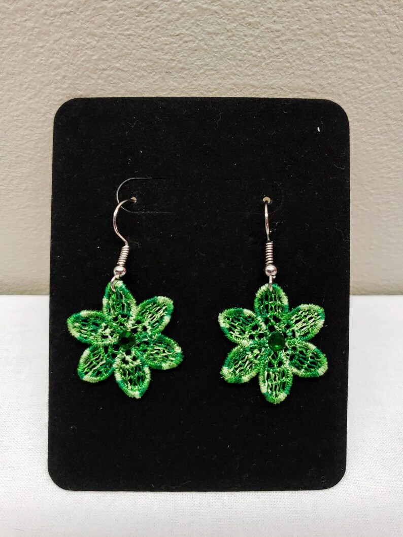 Flower Free Standing Lace Earrings with Green Ombre Embroidery Thread Crystals As Lightweight Can Be Made Clip On Earrings