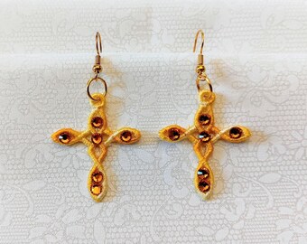 Cross Earrings - Rhinestones - Embroidered Free Standing Lace