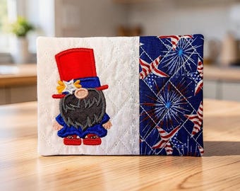 Patriotic Mug Rug Embroidered With A Gnome In Patriotic Hat - Quilted Coaster Gift