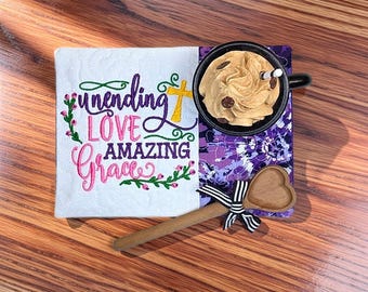 Embroidered Christian Mug Rug - "Unending Love, Amazing Grace" - Quilted Coaster Gift