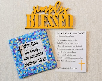 Pocket Prayer Quilt With Cross & Back Pocket - Embroidered With Scripture "With God All Things Are Possible" Matthew 19:26