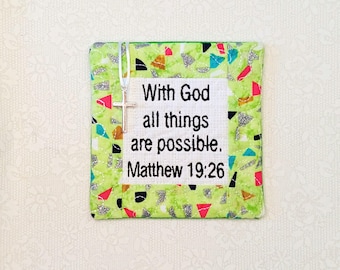 Pocket Prayer Quilt with Cross - Matthew 19:26 Embroidered Scripture