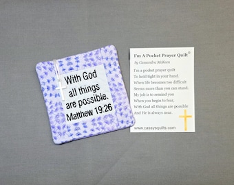 Pocket Prayer Quilt with Cross - Matthew 19:26 Embroidered Scripture - Glitter Fabric