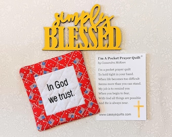 Pocket Prayer Quilt With Cross & Back Pocket - Embroidered With "In God We Trust"