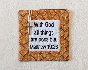 Pocket Prayer Quilt with Cross - Matthew 19:26 Embroidered Scripture