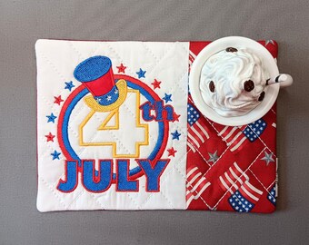 4th of July Mug Rug - Ideal Gift for Coffee and Tea Lovers - Fabric Rectangle Coaster