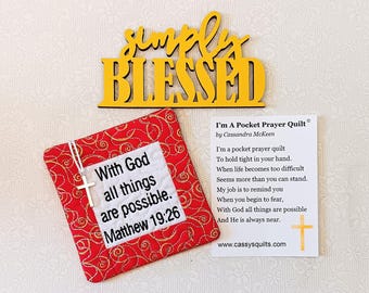 Pocket Prayer Quilt With Cross & Back Pocket - Embroidered With Scripture "With God All Things Are Possible" Matthew 19:26