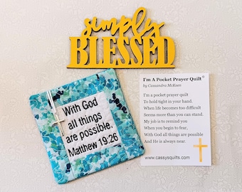 Pocket Prayer Quilt With Cross & Back Pocket - Embroidered With Scripture "With God All Things Are Possible" Matthew 19:26