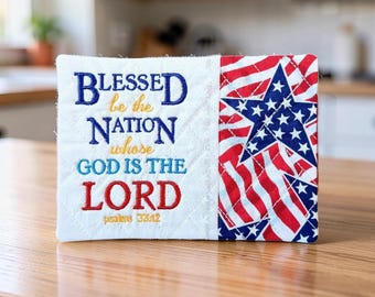 Patriotic Mug Rug - "Blessed Be The Nation Whose God Is The Lord" Psalm 33:12 Embroidered Scripture - Quilted Coaster Gift