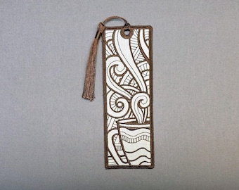 Embroidered Coffee Cup Bookmark: Lace Bookmark with Tassel