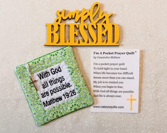 Pocket Prayer Quilt With Cross & Back Pocket - Embroidered With Scripture "With God All Things Are Possible" Matthew 19:26