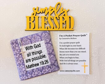 Pocket Prayer Quilt With Cross & Back Pocket - Embroidered With Scripture "With God All Things Are Possible" Matthew 19:26