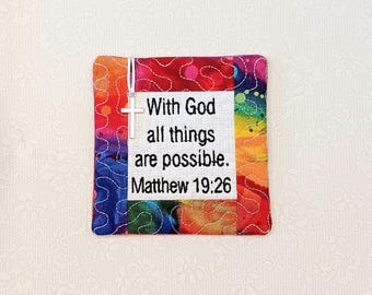 Rainbow Pocket Prayer Quilt with Cross - Matthew 19:26 Embroidered Scripture