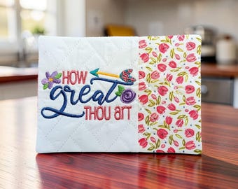 Christian Mug Rug with Embroidered Hymn "How Great Thou Art" - Quilted Coaster Gift