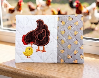 Hen & Chick Mug Rug - Quilted Coaster Gift With Embroidered Chicken