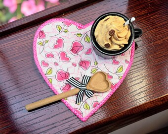 Heart Shaped Mug Rug: Quilted Coaster Gift - Embroidered