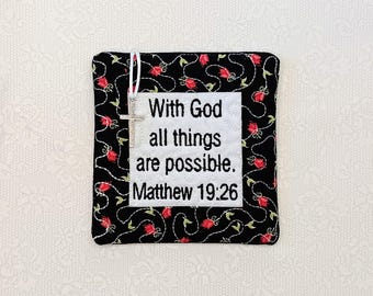 Pocket Prayer Quilt with Cross - Matthew 19:26 Embroidered Scripture