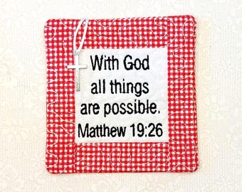 Pocket Prayer Quilt with Cross - Matthew 19:26 Embroidered Scripture