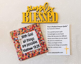 Pocket Prayer Quilt With Cross & Back Pocket - Embroidered With Scripture "With God All Things Are Possible" Matthew 19:26