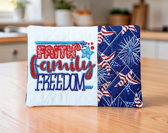 Patriotic Mug Rug Embroidered With "Faith Family Freedom" - Christian Gift