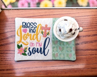 Embroidered Christian Mug Rug - "Bless The Lord Oh My Soul" Quilted Coaster Gift - Psalm 103:3