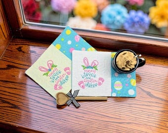Easter Mug Rug: Quitled Coaster Gift - "Bunny Kisses Easter Wishes" Embroidered Message on Easter Egg Fabric