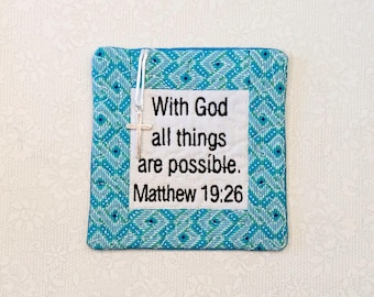 Pocket Prayer Quilt: Embroidered Scripture, Silver Cross Charm