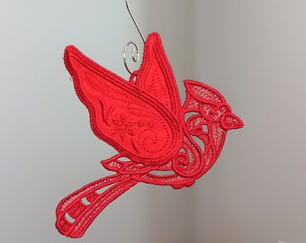 Cardinal Christmas Ornament - Embroidered Free Standing Lace Applique