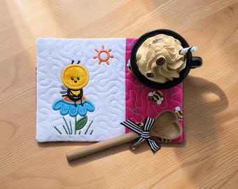 Summer Mug Rug Embroidered With A Bee Sitting On Flower - Quilted Coaster Gift